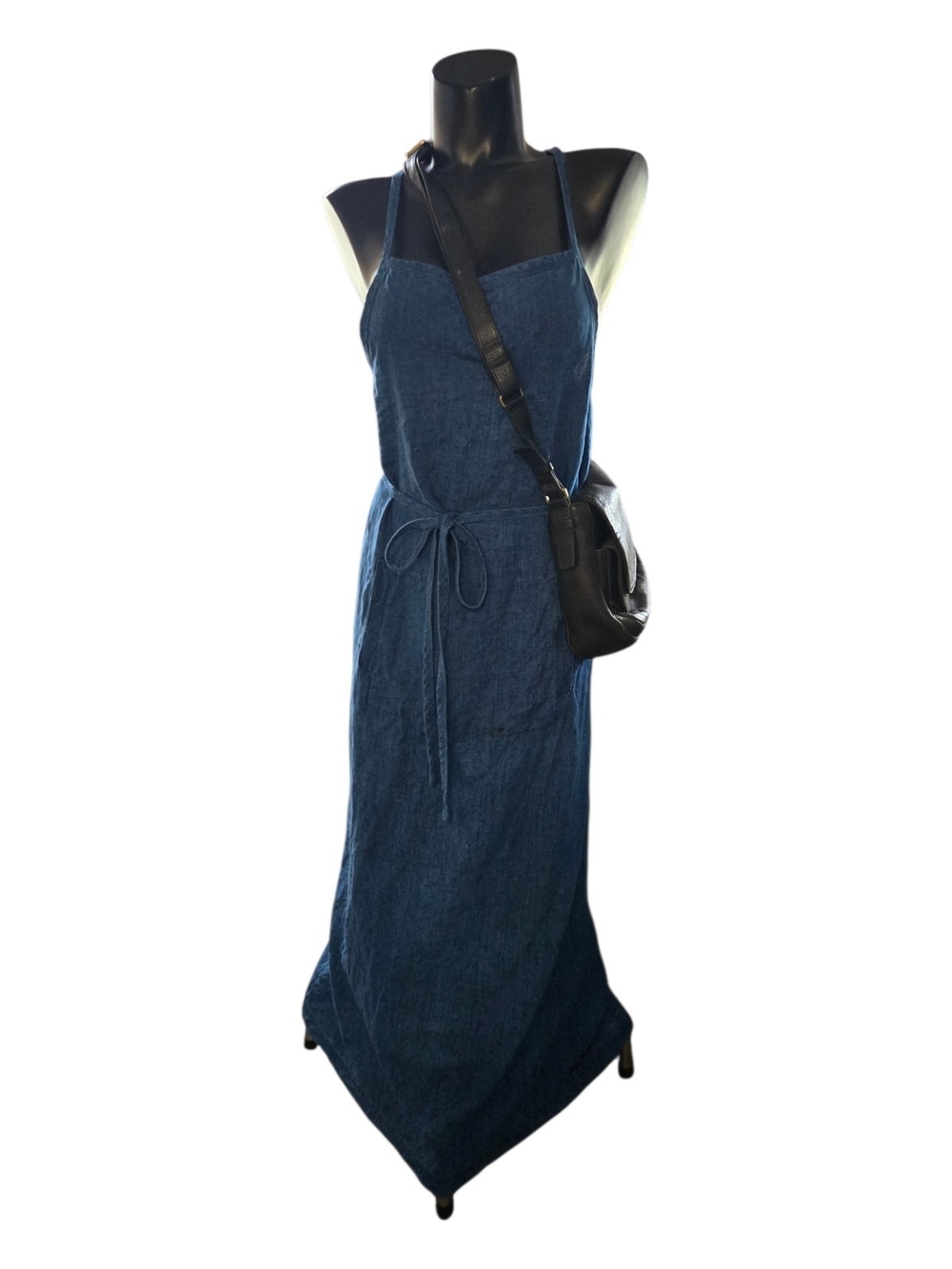 Vintage 100% Linen Apron Wrap Maxi Dress  L-Tall Low Back Pouch Pocket 90s